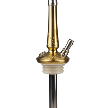 Close-up of the Hoob Go On Gold Hookah stem with magnetic hose port
