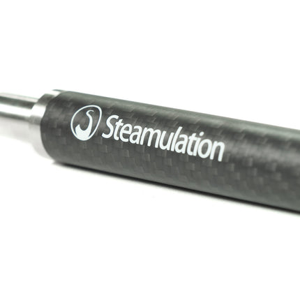 Close-up view of Steamulation Carbon Mouthpiece with logo.
