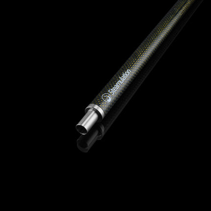 Close-up of Steamulation Carbon Mouthpiece in gold finish on black background.
