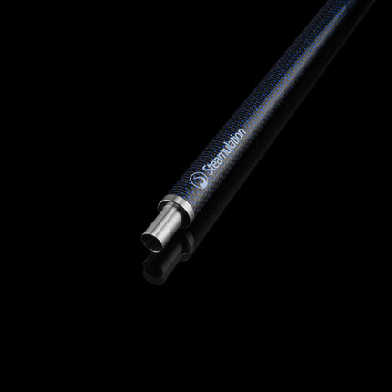 Close-up of Steamulation Carbon Mouthpiece in blue finish on black background.
