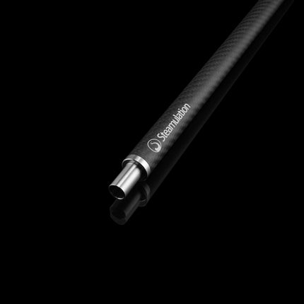 Close-up of Steamulation Carbon Mouthpiece in black finish on black background.
