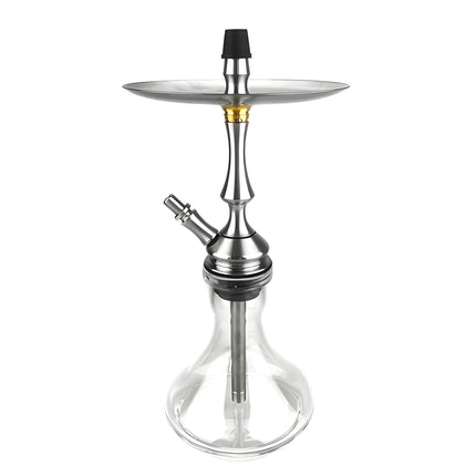 Stainless steel mini hookah with a clear glass base and a polished silver stem, featuring a wide roll-resistant tray and a grommet-less hose port.