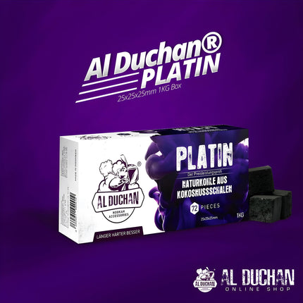 Al Duchan Platin hookah charcoal with eco coconut shells on vibrant purple background.