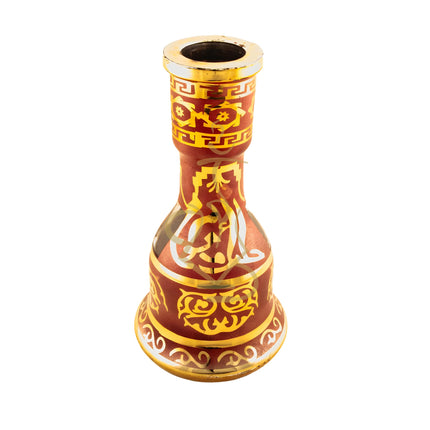 Top view of the Khalil Mamoon Red Oxide Hookah Base, showcasing its handcrafted design and gold patterns on red glass.