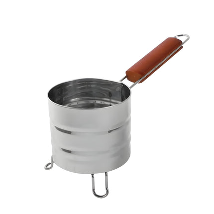 Stainless steel charcoal holder with wooden handle, side view